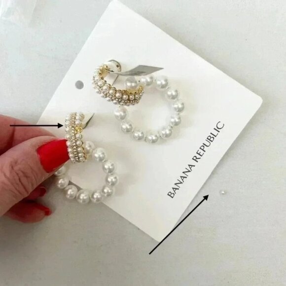 Banana Republic Pearl Drop Double Hoop Earrings Gold Tone & White NWT - Picture 7 of 11